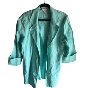 Vintage Tribeca Aqua Blue 100% Linen Open Front 3/4 Sleeve Blazer Jacket Sz 14